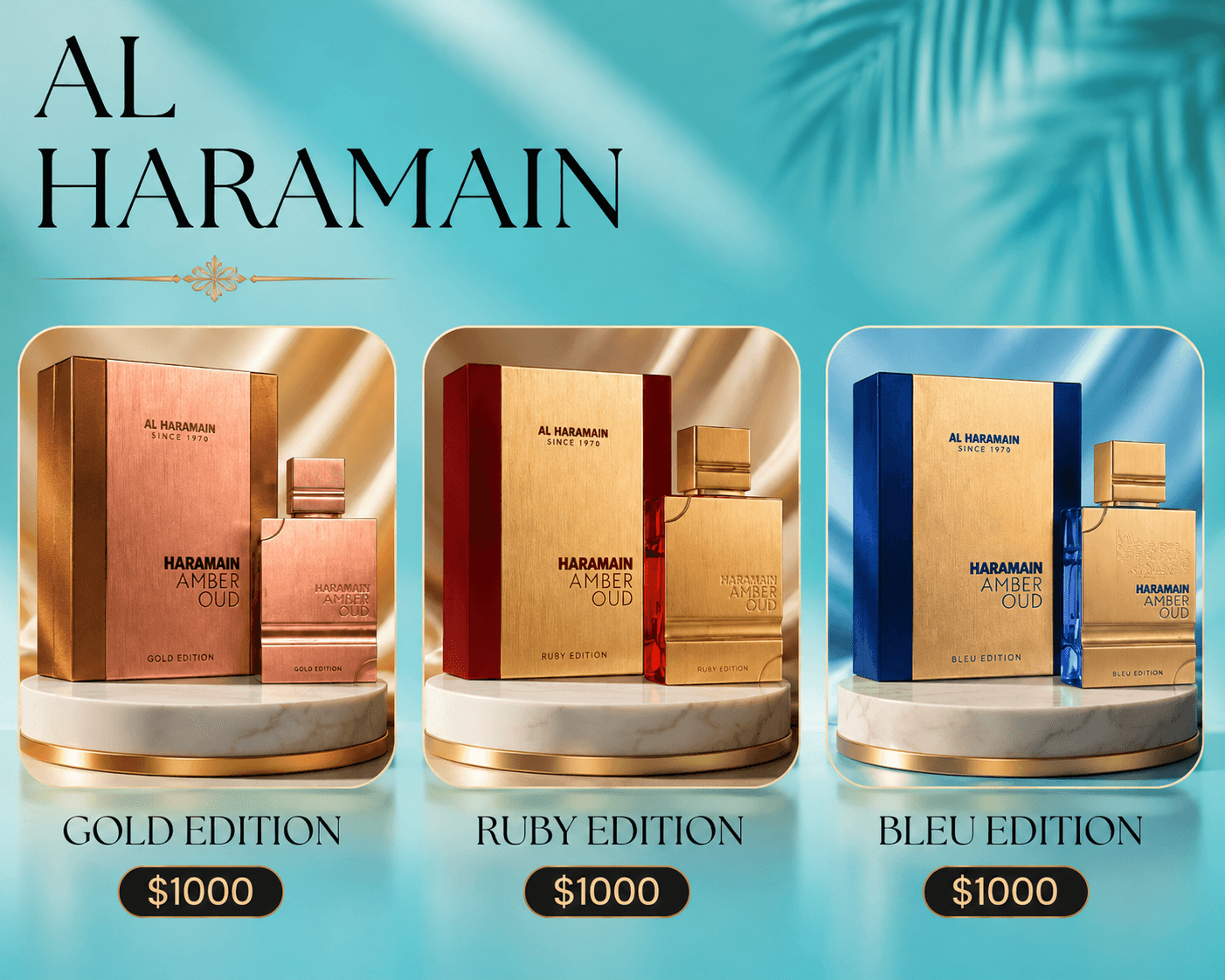 Perfumes Al Haramain Amber Oud Gold Edition, Ruby Edition y Bleu Edition