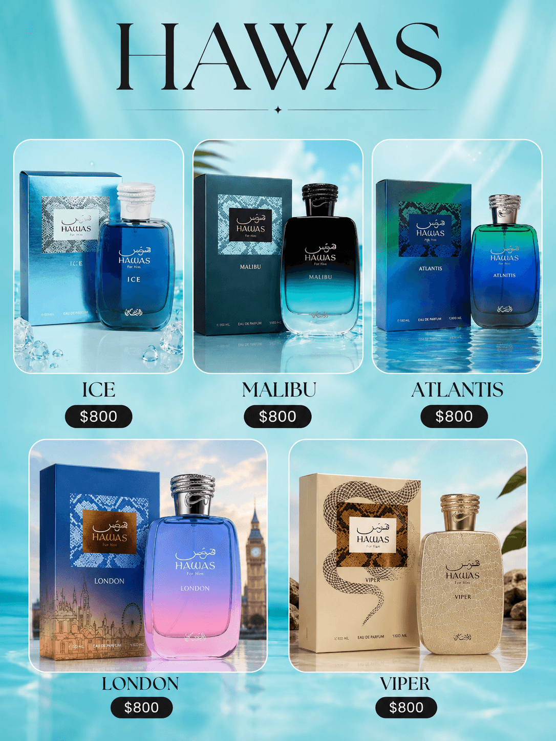 Rasasi Hawas for Him Eau de Parfum 100 ml, colección Ice, Malibu, Atlantis, London y Viper